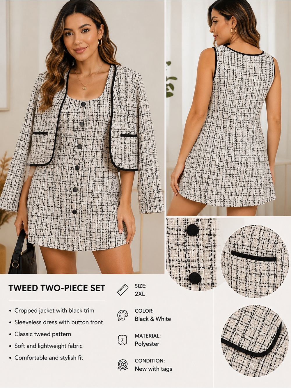 SHEIN Black & White Tweed Mini Dress with Cropped Jacket